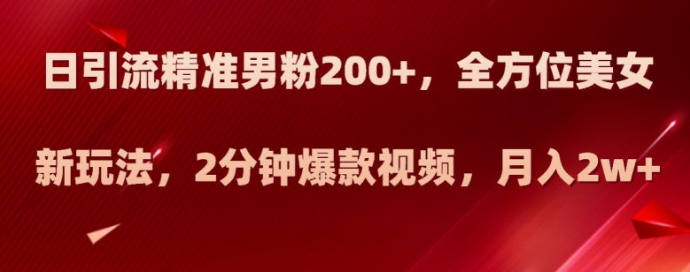 日引流精准男粉200+，全方位美女新玩法，2分钟爆款视频，月入2w+【揭秘】-旺铺专家