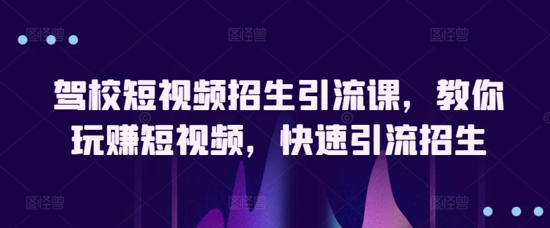 驾校短视频招生引流课，教你玩赚短视频，快速引流招生-旺铺专家