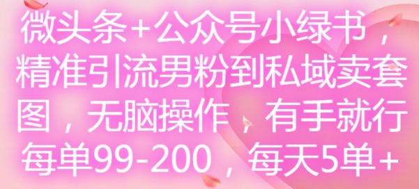 微头条+公众号小绿书，精准引流男粉到私域卖套图，无脑操作，有手就行，每单99-200，每天5单-旺铺专家