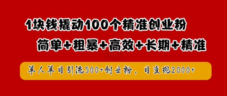 1块钱撬动100个精准创业粉，简单粗暴高效长期精准，单人单日引流500+创业粉，日变现2k-旺铺专家