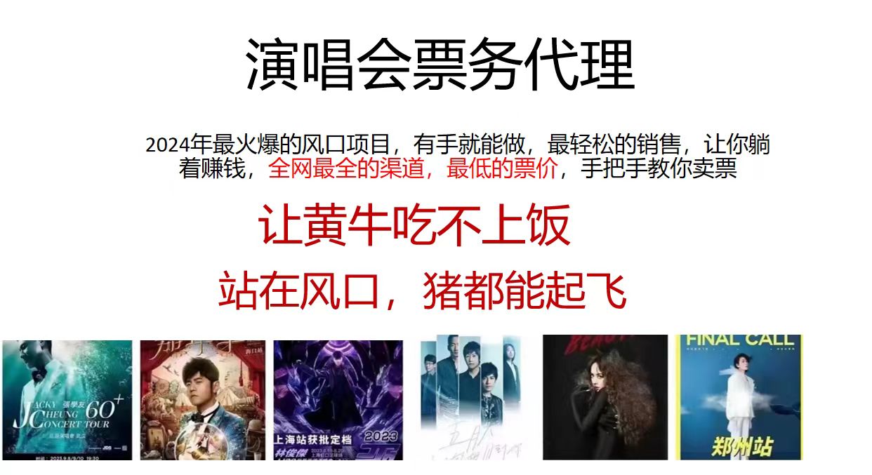 演唱会票务代理，2024年最火爆风口项目，全网最低的票价，小白一分钟上手日入2000+-旺铺专家