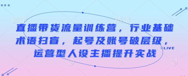 直播带货流量训练营，行业基础术语扫盲，起号及账号破层级，运营型人设主播提升实战-旺铺专家