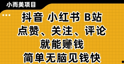 小而美的项目，抖音小红书B站视频点赞、关注、评论就能挣钱，简单无脑立见收益，妥妥的零撸项目-旺铺专家